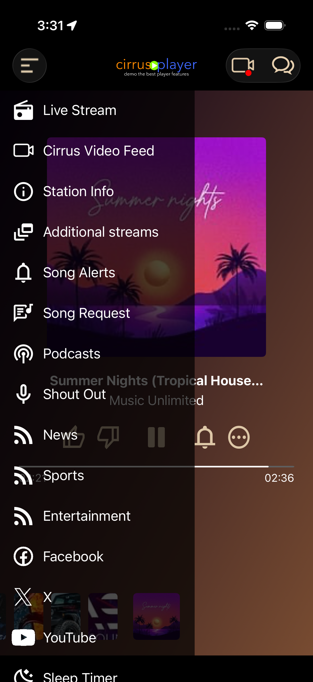 Cirrus mobile app menu showing navigation options including Live Stream, Cirrus Video Feed, Station Info, Additional streams, Song Alerts, Song Request, Podcasts, Shout Out, News, Sports, Entertainment, Facebook, X, YouTube, and Sleep Timer